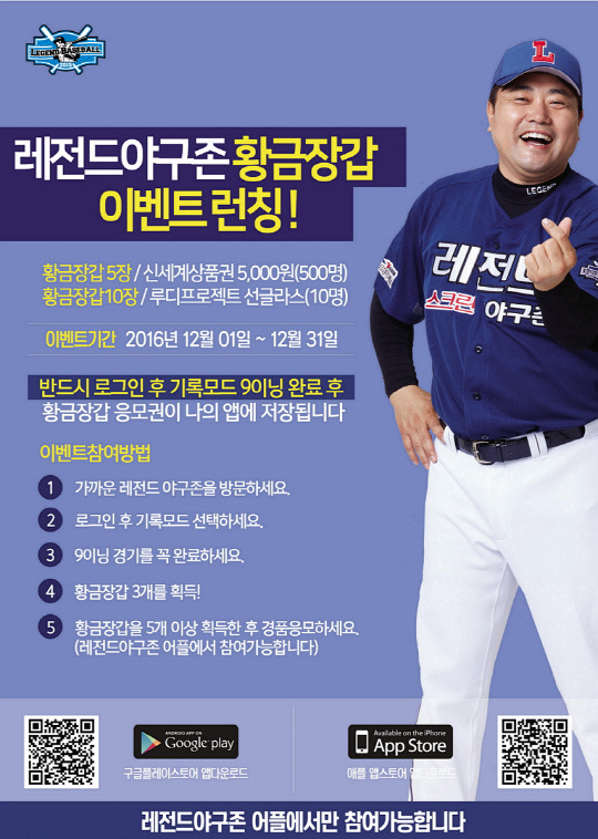 스크린야구 개발기업 레전드야구존이 게임을 한 이용자들에게 앱에서 경품 응모권을 주는 '황금장갑 이벤트'를 진행한다고 밝혔다. 전국 매장에서 레전드야구존 전용 앱을 이용해 이벤트에 참여할 수 있다. 참여방법은 로그인을 한 후 기록모드에서 9이닝 경기를 완료하면 된다. 9이닝 경기를 완료할 때마다 3개의 황금장갑을 앱으로 획득할 수 있으며, 5개 이상 보유하면 경품에 응모할 수 있다. 레전드야구존 제공